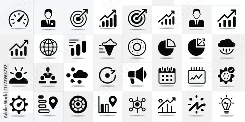Black and white business analytics icons set , including charts, graphs, dollar, target, funnel, clock, calendar, settings, globe, megaphone, lightbulb, clean lines, sharp edges, white background.
