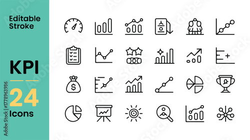 24 minimalist black line business analytics icons grid, featuring KPI symbols, charts, graphs, metrics, data visualization, editable stroke, modern professional vector design.