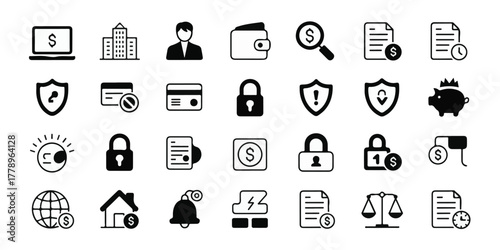 Black and white minimalist financial and business icons in three rows, uniform size, clean lines, grid layout, monochromatic, professional, modern, secure, banking, money, commerce.