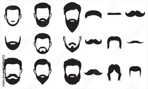 Set of Beard Mustache and Hair Style Icons Vector
