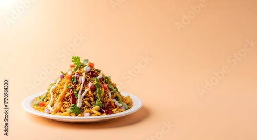 Delicious Indian Bhel Puri Snack on a Plate with Copy Space
