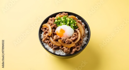 Delicious Gyudon Bowl with Poached Egg and Scallions - Japanese Beef Rice Bowl