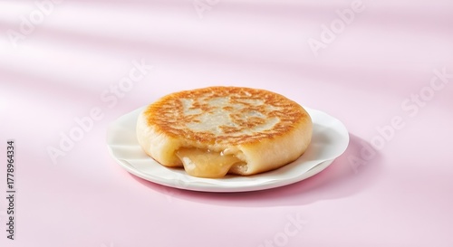 Delicious Hotteok - Sweet Korean Pancake with Molten Filling on Pink Background