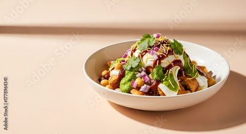 Delicious Indian Chaat Snack in a Bowl with Yogurt, Chutney, and Spices