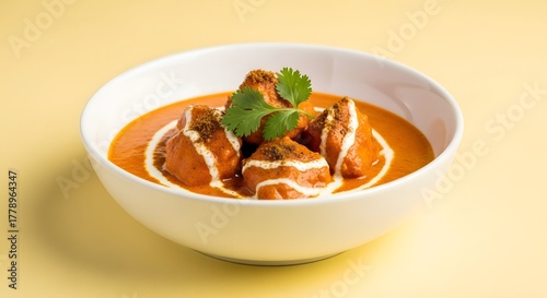 Delicious Indian Chicken Tikka Masala in a White Bowl with Cream Swirls and Coriander Garnish