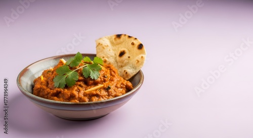 Delicious Indian Chicken Curry with Naan Bread and Cilantro Garnish