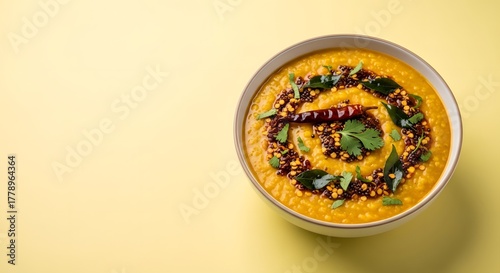 Delicious Indian Dal Tadka served in a bowl, garnished with chili and cilantro