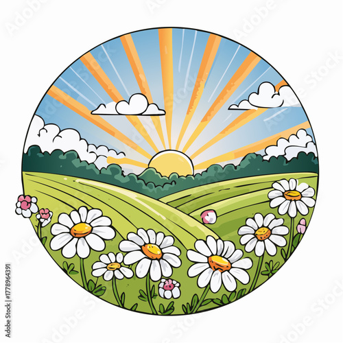 Late summer country landscape with daisies meadow and sunbeam