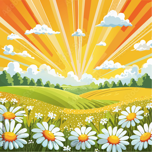 Late summer country landscape with daisies meadow and sunbeam