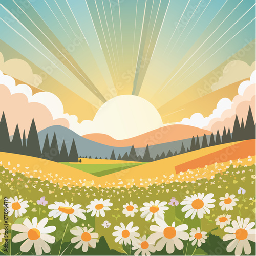 Late summer country landscape with daisies meadow and sunbeam