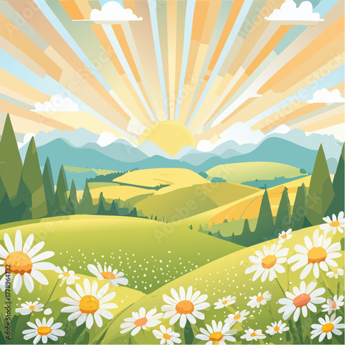 Late summer country landscape with daisies meadow and sunbeam