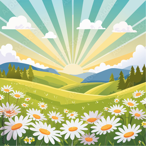 Late summer country landscape with daisies meadow and sunbeam