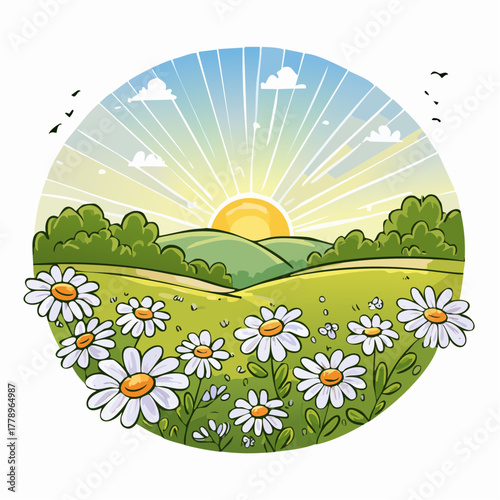 Late summer country landscape with daisies meadow and sunbeam