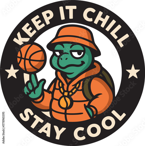 A cool cartoon turtle mascot, embodying chill vibes, balances a basketball on its finger, and promoting a laid-back lifestyle. 