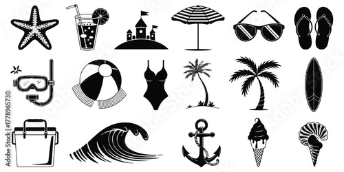 Black and white beach summer icons set silhouette, starfish, sandcastle, palm tree, flip flops, umbrella, surfboard, sunglasses, ice cream, minimalist vector illustration.