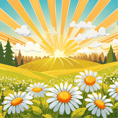Late summer country landscape with daisies meadow and sunbeam
