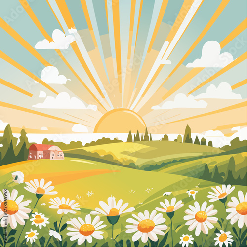 Late summer country landscape with daisies meadow and sunbeam
