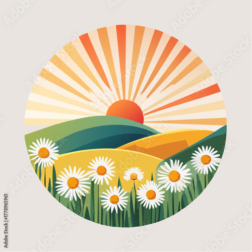 Late summer country landscape with daisies meadow and sunbeam