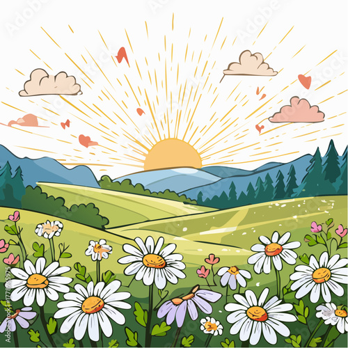 Late summer country landscape with daisies meadow and sunbeam