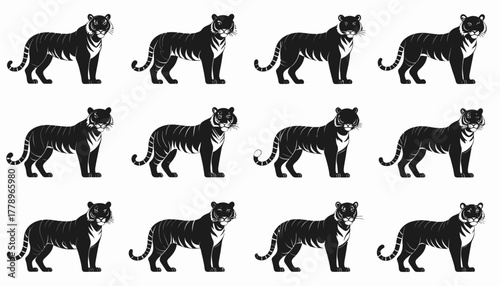 A collection of twelve identical black and white tiger illustrations arranged in a repeating grid pattern.