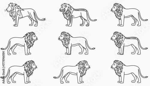 A collection of nine black and white outline drawings of male lions, arranged in a grid pattern, each with a slightly different expression.
