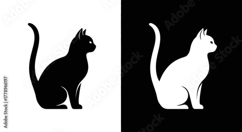 A black cat silhouette on a white background and its inverse, a white cat on a black background, sitting in profile.