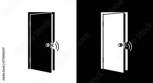 A pair of black and white icons showing a slightly open door with a sound wave symbol indicating an alert.