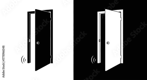 A black and white icon set of an automatic smart door with a wireless signal or motion sensor.