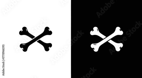 A minimalist icon of two crossed bones presented in both black on white and white on black variations.