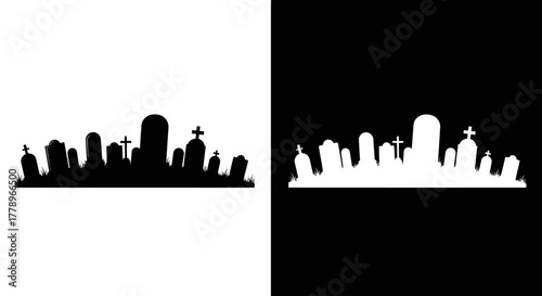 A stark black and white graphic of a graveyard silhouette, featuring various tombstones and crosses on a hill.
