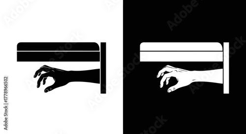 A high-contrast graphic illustration of a hand reaching out from under a shelf, shown in black and white variations.