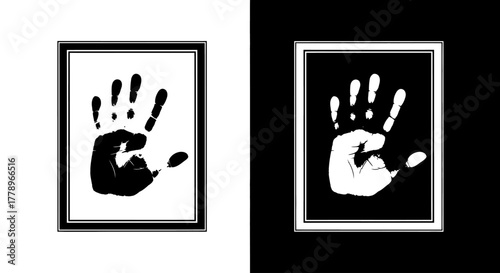 A split black and white image with two framed handprints, a black print on a white background and its white inverse on a black background.