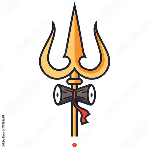 Illustrated trident with drum, a symbol associated with Hindu God Shiva, featuring a unique design perfect for culture and religion related projects. Great for graphics, web design, and cultural theme