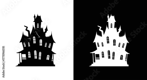 A cartoon silhouette of a scary haunted mansion, presented in both black and white isolated versions for Halloween-themed graphic design.