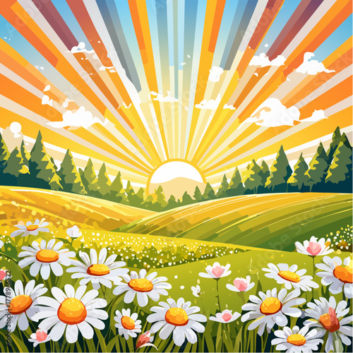 Late summer country landscape with daisies meadow and sunbeam