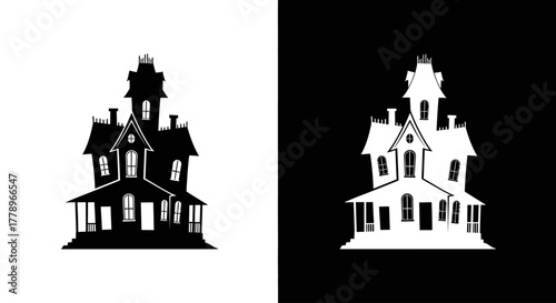 A spooky haunted house illustration shown as a black silhouette and its white inverse on a black background.