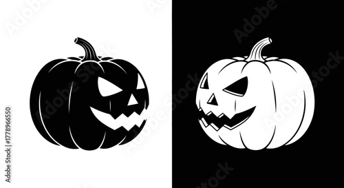 A spooky Jack-o'-lantern illustration in a contrasting black and white split design, showing positive and negative versions.