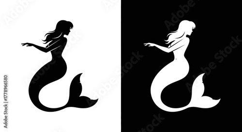 Elegant black and white silhouettes of a mythical mermaid with long hair and a fish tail, presented in positive and negative space.
