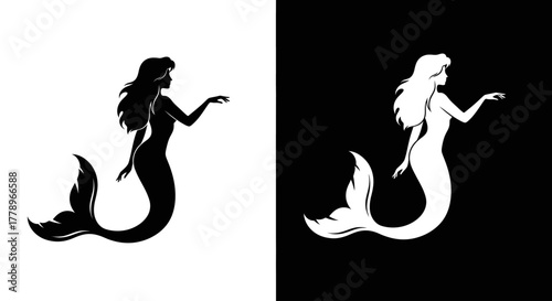 Black and white silhouettes of a graceful mermaid with long flowing hair and a fish tail.