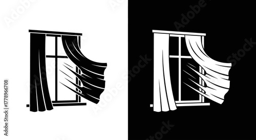 A graphic illustration of an open window with curtains billowing in the wind, presented in both black on white and white on black variations.