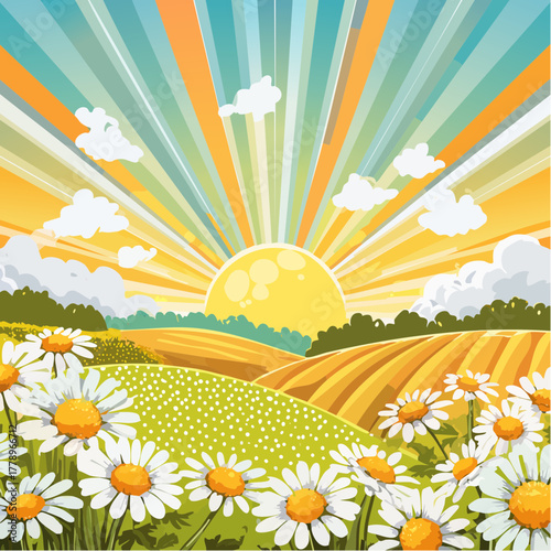 Late summer country landscape with daisies meadow and sunbeam