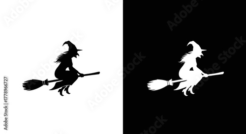 A graphic silhouette of a witch flying on a broomstick, presented in both black on white and its white on black inverse.