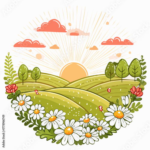 Late summer country landscape with daisies meadow and sunbeam