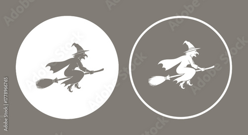 A set of two circular icons depicting a witch silhouette flying on a broomstick, shown in both dark on light and light on dark variations.