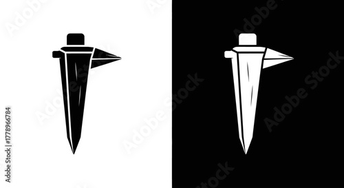 A minimalist black and white graphic icon of a pickaxe, depicted in both positive and negative space versions.