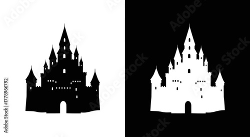 A black and white silhouette of a fairytale castle with multiple towers, shown in both positive and negative space versions.