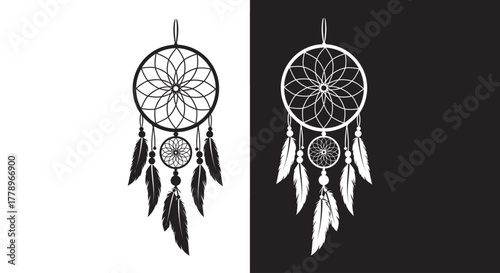 A pair of dreamcatcher illustrations, one black on a white background and its negative white on black.