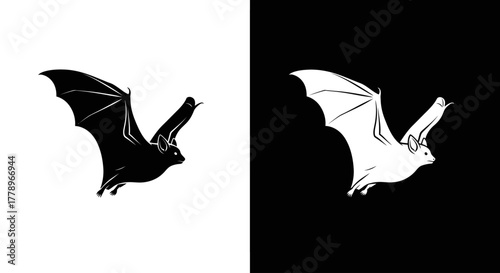 A high-contrast, symmetrical illustration of two flying bats in black and white inverse color schemes.