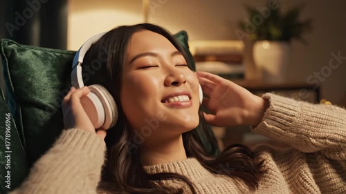 Young woman relaxing while listening to music using over-ear headphones