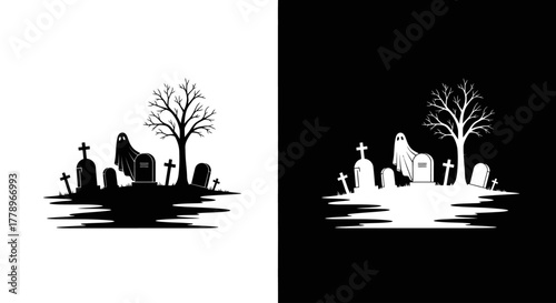 A spooky Halloween graveyard scene with a ghost, tombstones, and a barren tree, presented in black and white.